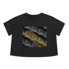 Black cropped women's tee with graphic print and yellow 'OP Lady' text design