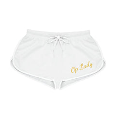 White women's relaxed shorts with gold 'Op Lady' script and drawstring waistband