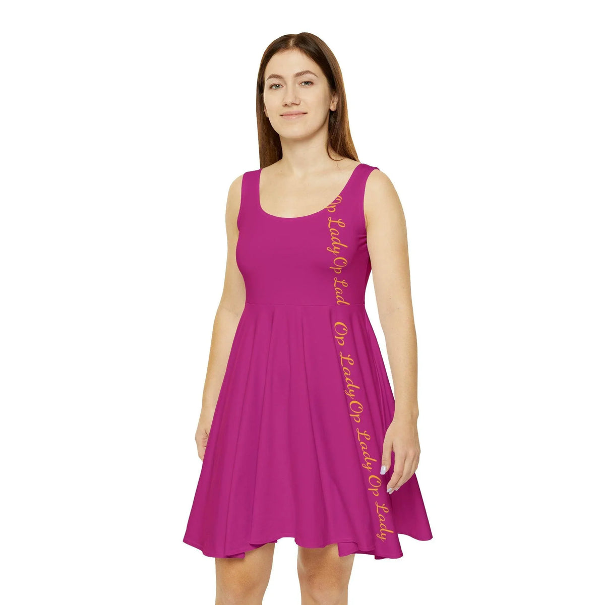 Woman wearing a sleeveless magenta skater dress with 'OP-Lady' text on the side