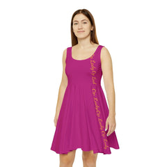 Woman wearing a sleeveless magenta skater dress with 'OP-Lady' text on the side