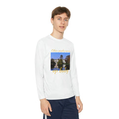 Youth wearing white long-sleeve tee with royal palace and 'Other people’s money' print.