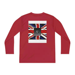Red youth long sleeve shirt with Union Jack flag and logo graphic on the back