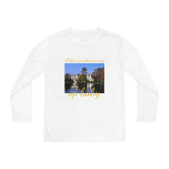 White youth long sleeve tee with palace graphic and 'Other peoplez money op baby' text