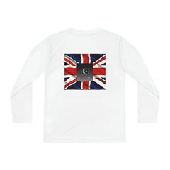 White youth long sleeve tee with UK flag and square logo graphic on back