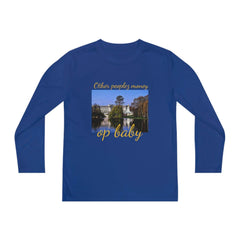Blue youth long sleeve shirt featuring palace and pond graphic with 'Other peoplez money op baby' text.