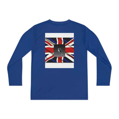Blue youth long sleeve tee with Union Jack flag and graphic print on the back
