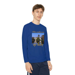Youth wearing royal blue long sleeve graphic tee with 'Other people's money op baby' text and palace image