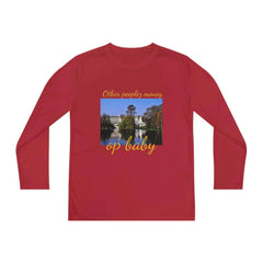 Red youth long sleeve shirt with palace and lake graphic, yellow 'Other peoplez money' and 'op baby' text